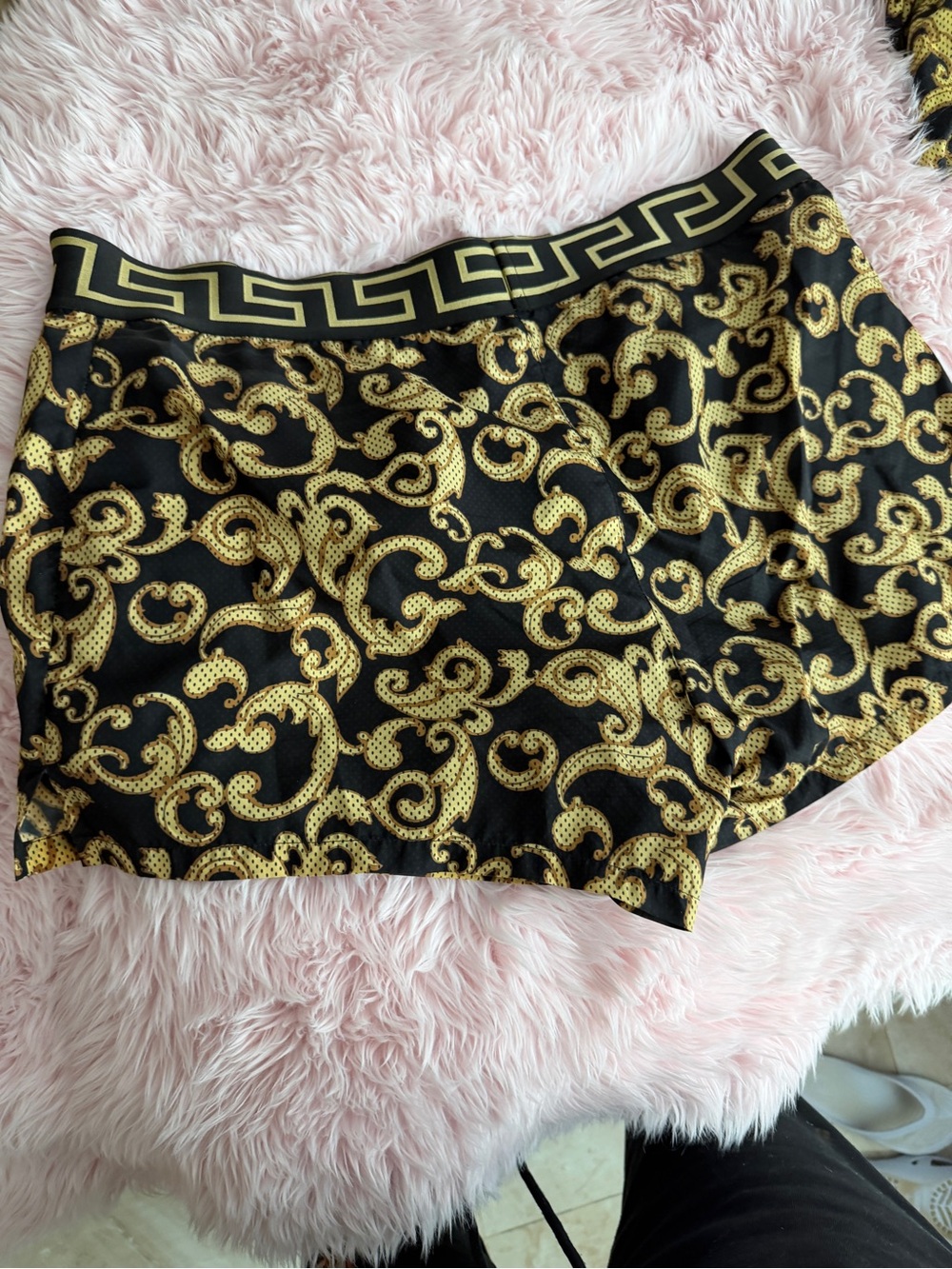 Versace Black and Gold Greek Key Waistband Swim shorts. Matching top available.